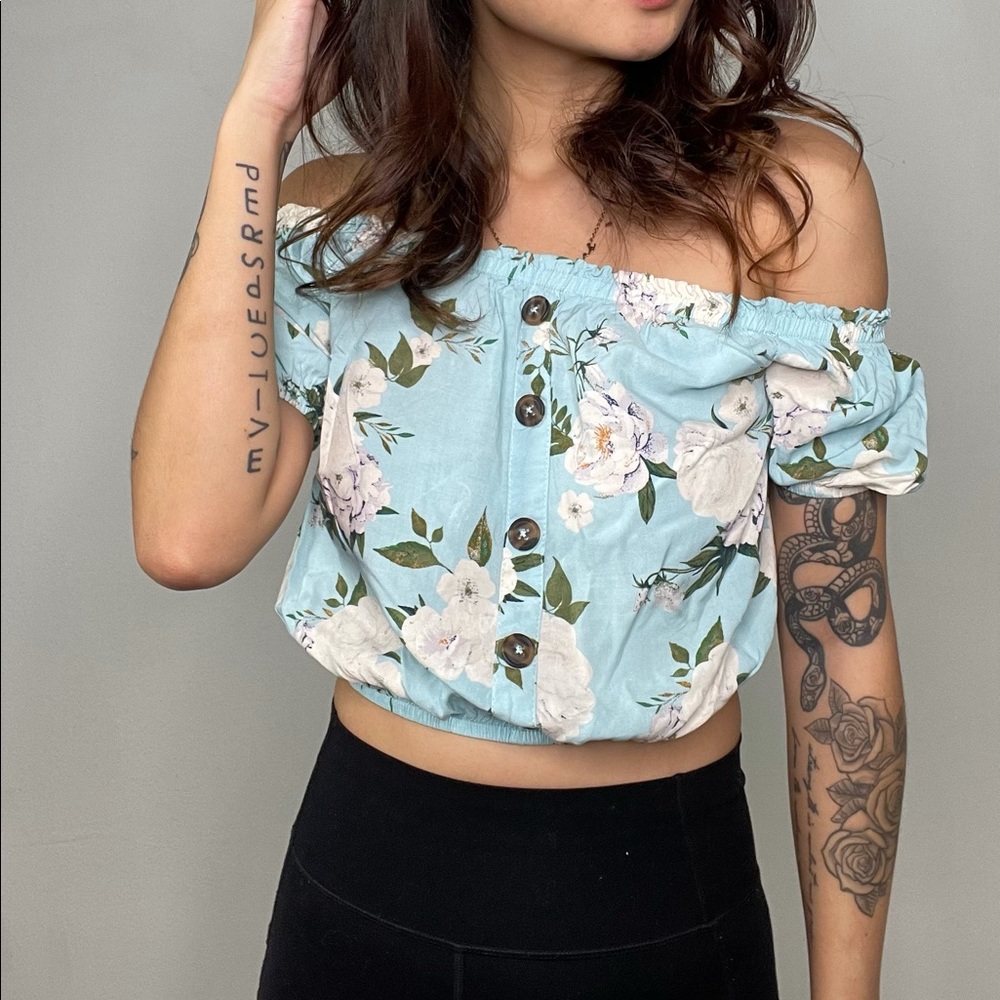 Target Blue Cold-Shoulders Floral Crop Top